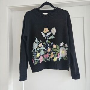 foxiedox Black Crewneck Sweater with Pastel Floral Embroidery